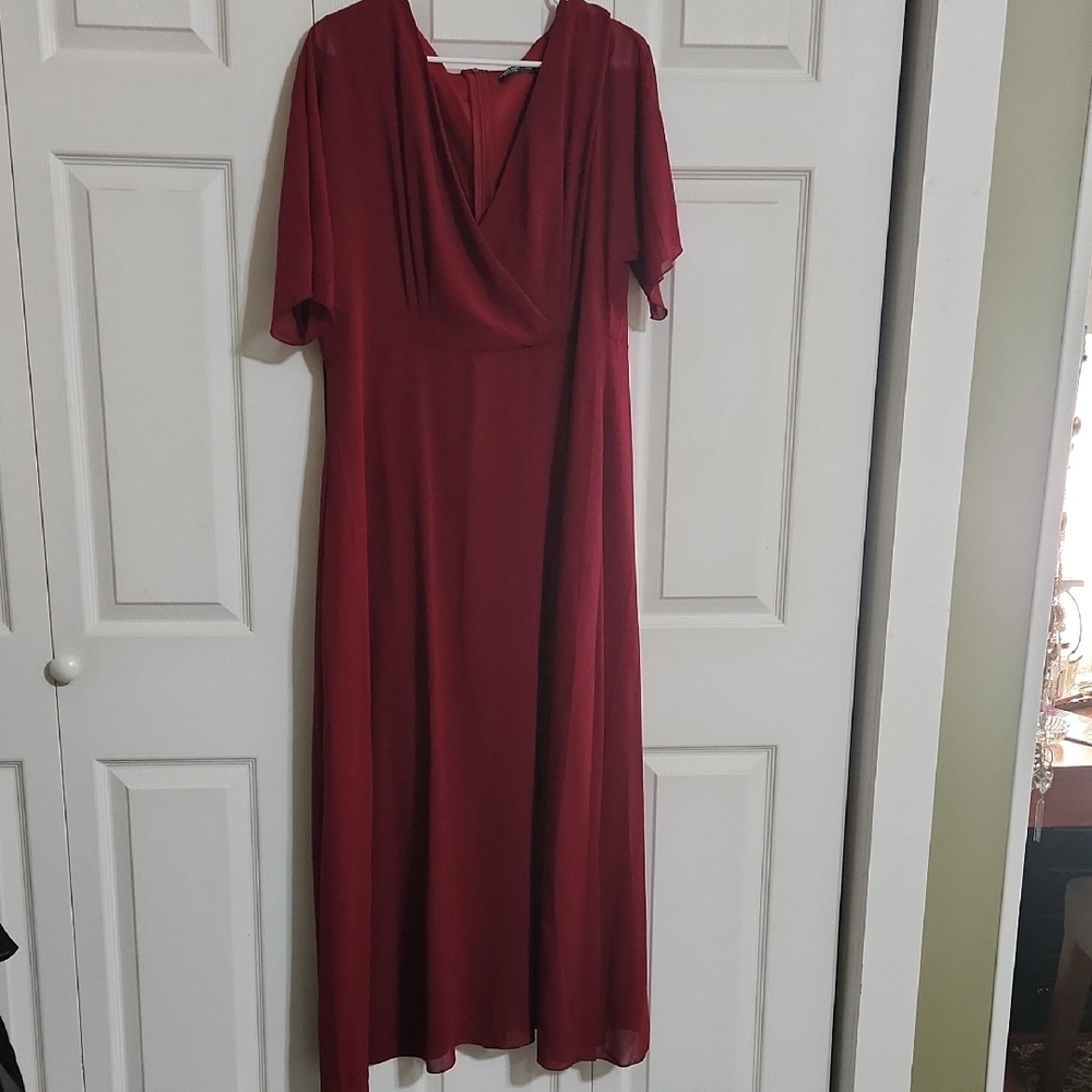 Red Cowl Neck Midi Gown with 3/4 Sleeves
